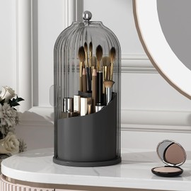 Growsun Rotating Makeup Brush Holder Organizer with Lid 360°Spinning Waterproof Makeup Organizer Countertop Cute Cosmetics Organizer for Vanity Bathroom, Grey Black
