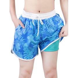Monbessi Badehose Jungen mit Taschen Tropisches Muster Badeshorts Jungen mit Futter Schwimmhose 5-12 Jahre(XS, Blaue Blätter)