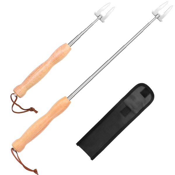 FISHOAKY JC009 Barbecue Skewers Extendible Stainless Steel Wooden Handle Long Campfire Telescopic Extendable Kebab Skewers Meat Fork for Grilling, Campfire and Camping Pack of 2