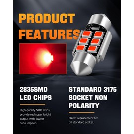 LUYED 2 X Super Bright 2835 6-EX Chipsets Error Free 1.25 inches DE3175 DE3021 DE3022 3175 LED Bulbs Used For Dome light,Red