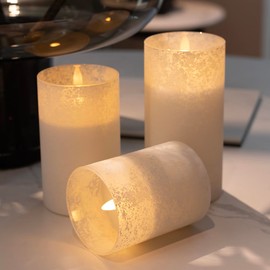 ANGELLOONG Glass Electric Candles Battery Operated, Flickering Flameless Candles with Remote, Fake LED Pillar Timer Candles for Home Decor, Sandblast White