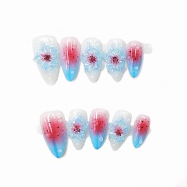 Blue Gradient Press on Nails Medium Almond False Nails Handmade Luxury 3D Flower Fake Nails Thick and Muti-Layer Gel Acrylic Nails Full Cover Stick on Nails for Women DIY Manicure (Size M)