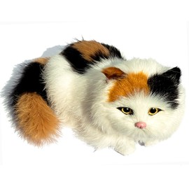 Realistic Baby Calico Cat Figurine - Lifelike Furry Kitten Statue, Plush Kitty Stuffed Animal Toy, Home Office Car Decor, Collectible Gift, Photo Prop