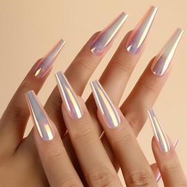ROFIBUT 24PCS Chrome Press on Nails Fluorescent Holographic Coffin False Nails Laser Mirror Metallic Arts Long Ballerina Glue on Nails Laser Mirror Holographic Coffin False Nails