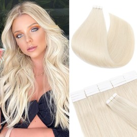 Tape in Hair Extensions 24in 100% Real Remy Human Hair Straight Invisible Skin Weft 10 Pcs 25g #70 Bleach White