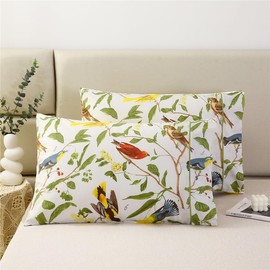 URBONUR 100% Cotton Pillowcases Set of 2 Standard Size Garden Leaves Birds Printed Pillow Cases Soft Breathable Pillowcase Decorative Pillow Cover (Standard, 20x26 Inches, Green Leaves)