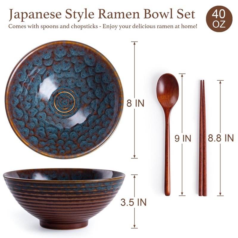 HOKELER Ceramic Japanese Ramen Bowl Set, 2 Sets Asian Pho