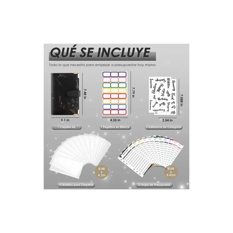 Carpeta Negra A6 con Sobres para Organización de Finanzas y
