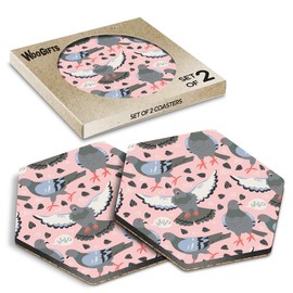 2 x Hexagon Coasters - Pink Pigeon Bird Pattern Seeds Hello Cork Backed MDF Glossy Tea Coffee Accessory #170760
