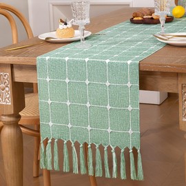 DeZerlor Farmhouse Table Runner Boho Table Runner 90 Inches Long Checkered Linen Table Runner with Tassels Braided Striped Table Runner for Fall Dining Table Home Decor, Emerald Green