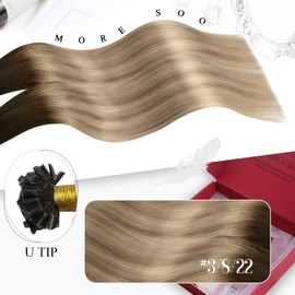Moresoo Bonding Extensions Real Hair Remy 60 cm Hot Fusion Hair Bondings Dark Brown to Brown with Blonde Keratin U-Tip Extensions Real Hair #3/8/22 50 g 1 g/s