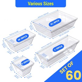 YAN & HIN Set of 60 Stackable Non-Slip Acrylic Clear Storage Organizers for Organization and Storage -4 Sizes Cabinet Organizer for Make up Tray, Kitchen Drawer Bins, and Desk Vanity Drawer Organizer