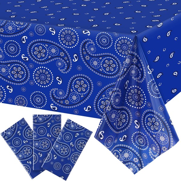 3 Pieces Western Party Tablecloth Paisley Table Cover Bandana Plastic Table Cloth Rectangle Floral Tablecloth for Western Cowboy Themed Party Decorations, 108 X 54 Inches (Blue)