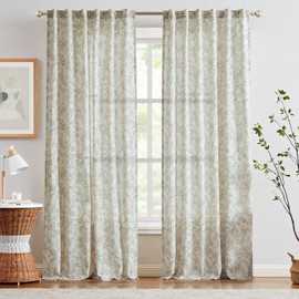 Lazzzy Linen Farmhouse Green Floral Print Curtains 96 Inches Long Back Tab Drapes for Living Room Bedroom Semi Sheer Patterned Country Vintage Curtains 2 Panels Set Rod Pocket Green on Beige