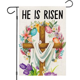 OQUAYA He Is Risen Easter Garden Flag 12x18 Inch Double Sided Outside, Easter Eggs Flowers Wreath Religious Cross Yard Outdoor Flag