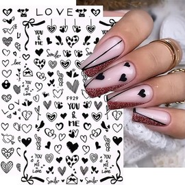 8Sheets/Set Valentine's Day Nail Stickers, 3D Shiny Love Heart Nail Decals Hearts Nail Sticker Valentines Day Nail Art Sticker Self-Adhesive Black Heart Stickers for Girl Nails DIY Nail Supplies Decor
