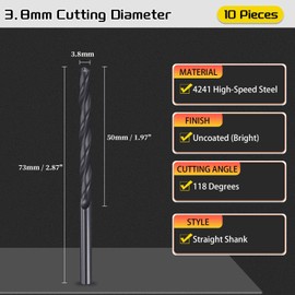 CoCud Drill Bit, 3.8mm Cutting Diameter, 4241 HSS Nitriding Black 118° Cutting Angle Versatile Bits - (Applications: for Drilling Plastic Wood Soft Metal), 10-Pieces