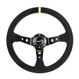 RASTP Universal Racing Steering Wheel Suede Deep Dish 13.58”/345mm 6 Bolts with Horn Button Include Cable,Wrench (Yellow)
