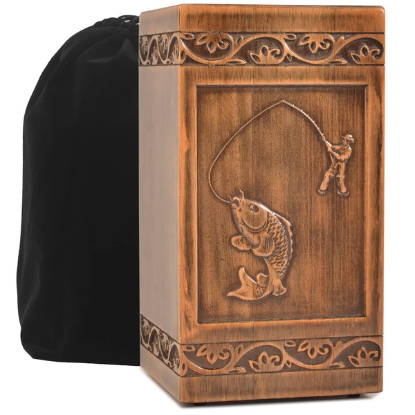 engmvwod Handmade Wooden Engraved Urn for Human Ashes 250lbs Adult Male Female Satin Bag Fishing Cremation urns Box