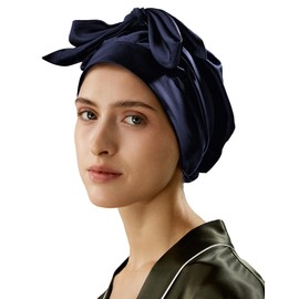 LilySilk 100% 22MM Pure Mulberry Silk Sleep Cap Womens Natural Silk Bonnet for Sleeping and Hair Care Night Hair Wrap with Long Elastic Band for Stay On, Navy Blue
