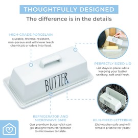 Heartland Home Porcelain Covered Butter Dish with Lid for Countertop (Lid with Handle). 7.6" x 3.8" Butter Holder Container for One Stick of Butter. Textured Tray Butter Keeper for Non Slip Storage
