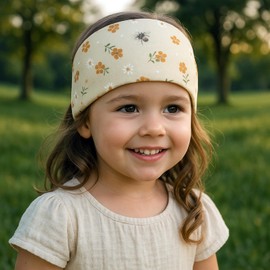 Wollhuhn Eco Mini Children's Wide Elastic Headband/Hair Band, Made in Germany, Comfortable Cotton (KU 48-52) (Flowers/Bee Cream)