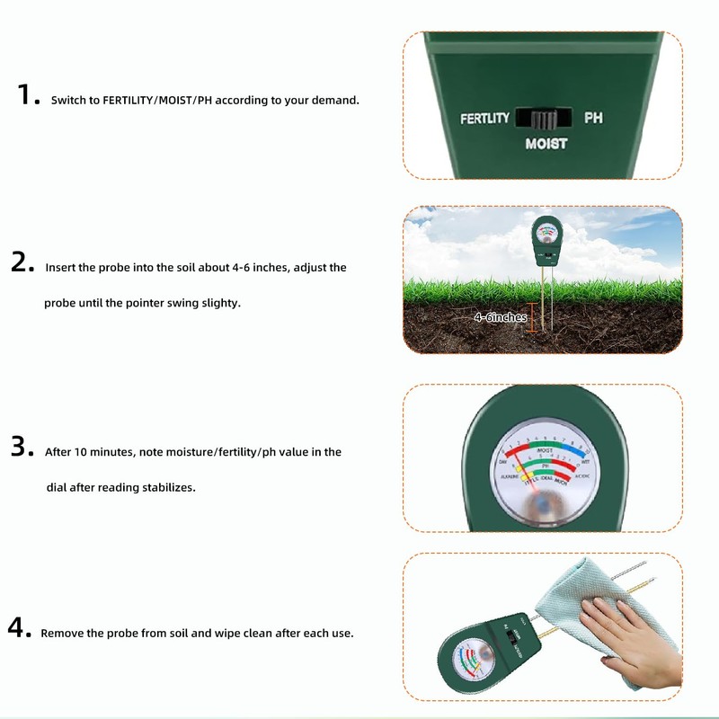 3-in-1 Soil Moisture Meter pH & Fertility Tester, No Battery