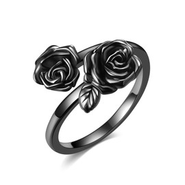 Black Rose Rings 925 Sterling Silver Rose Flower Adjustable Open Ring Gothic Jewellery Gifts for Women