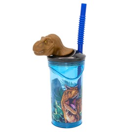 p:os p:os Jurassic World Drinking Cup for Children with Integrated Straw, Lid and 3D Figure, Drinking Vessel with Approx. 360 ml Capacity, Ideal for Cold Drinks