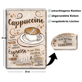 schilderkreis24 Tin Sign Coffee Saying "Cappuccino" Decorative Sign Metal Sign Espresso Cafe Restaurant Bar Cafeteria Bistro Gift Idea Retro Kitchen Gift Birthday Christmas 20 x 30 cm