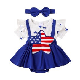 Kiluex Newborn Baby Girl 4th of July Outfits Ruffle Short Sleeve Star Embroidery Romper Dress Headband Summer Clothes (01Blue, 9-12 Months)