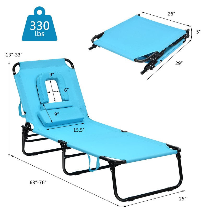 gotoplay Folding Beach Lounge Chair w/ 5 Adjutable Backrest &