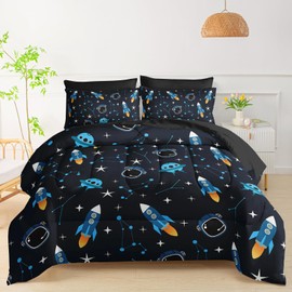 QOOMO Outer Space Room Decoration Comforter, Rocket Star 7 Piece Kids Bedroom Decor Set, Twin Size with 1 Comforter, 2 Pillowcases, 2 Black Pillowcases, 1 Black Fitted Sheet, 1 Black Flat Sheet