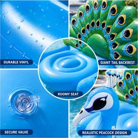 Giant Peacock Inflatable Pool Float for Adults – Colorful Vinyl Lounge Raft for Summer Pool Parties