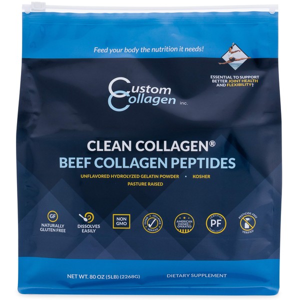Collagen Peptides Powder 5lb (80oz) Pouch - Clean Collagen® - Unflavored, Grass Fed, Paleo, Non GMO, Kosher - Highly Soluble Protein