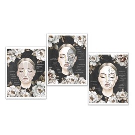 Gnosis Picture Archive Facial Anatomy With Peony Flowers Set of 3 Unframed Art Prints Med spa Esthetician Gift Wall Decor, Beige, white