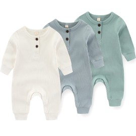 Newborn Baby Boys Girls One Piece Romper With Mitten Cuffs 3 Pack Long Sleeve Ribbed Button Jumpsuit Outfit Clothes white+blue+green 9 months