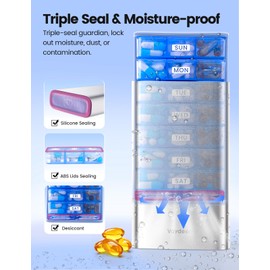 Vaydeer Large Weekly Pill Organizer 3X a Day,Metal 7 Day Travel Pill Box with Double Protection,Portable Pill Case for for Medication, Vitamins, Fish Oils, Supplements(Silver)