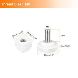 QUARKZMAN Furniture Leveling Feet, 8 Sets 20x20mm - Square Adjustable Furniture Levelers, M8 Thread Nut Tube Cover Caps (White)