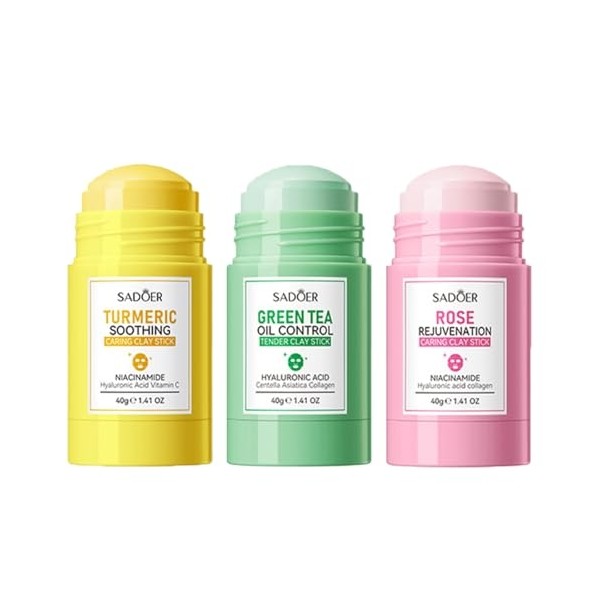 3PCS Green Tea Face Mask, Turmeric Clay Mask Rose Stick