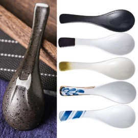 5 Piece Ceramic Spoon Set, Retro Chinese Ramen Soup Spoon, Japanese Soup Spoon, Asian Ramen Noodle Cutlery, Household Cutlery Soup Spoon (White)