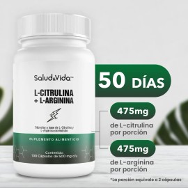 L-Citrulina con Arginina 475mg / 475mg por porción (2 cápsulas) 100 Cápsulas - S&V - Sin Gluten, Sin OMG