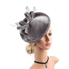 Bubbmi Women Velvet Fascinator Hat, Celebrity Lady Velour Feather Top Bow Hat for Banquet Wedding Cocktail Tea Party (Velvet Grey)