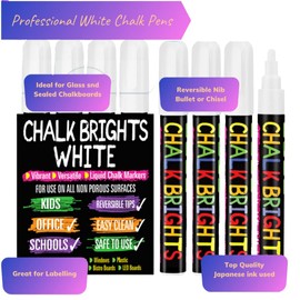 Kids B Crafty, White Chalk Pens, Washable Chalk Pens for Blackboards, 4 Pack Window Pens, Wipeable Liquid Chalk Pens, Chalk Markers, Chalkboard Pens, Window Markers,3mm & 6mm Reversible Tip