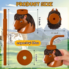 Roshtia 12 Set Farm Animal Cups with Straws and Lids 11 oz Plastic Reusable Animal Themed Cups Cute Animal Sippy Cups for Kids Birthday Farm Theme Party Favor Supplies (Horse)