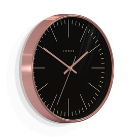 JONES CLOCKS Twilight Rose Gold Wall Clock Modern Design Polished Case and Black Marking Dial 30cm Diameter