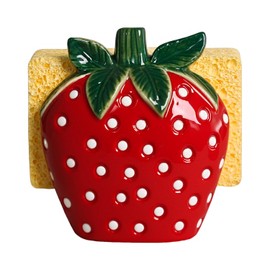 Bicuzat Ceramic Red Strawberry Shape Sponge Holder for Kitchen Sink, Compact Sink Caddy Organizer, Dish Sponge Holder