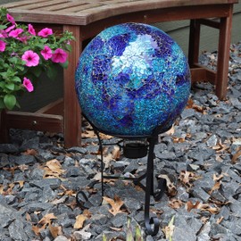 Sunnydaze 10-inch Gazing Ball for Garden - Crackled Glass Mosaic Gazing Globe for Outside - Deep Ocean Swirl