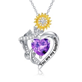 Seiyang Sunflower Necklace 925 Sterling Silver You Are My Sunshine Jewelry Sunflower Gifts February Amethyst Heart Birthstone Pendant Necklace Christmas Jewelry Gifts for Women