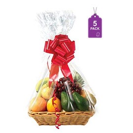 Purple Q Crafts Clear Cellophane Basket Bags 24"x30" (5 Pack) – Medium/Large Clear Gift Basket Wrap Bags for Baskets, and Party Presents – Crystal Cello Bags for Gift Wrapping
